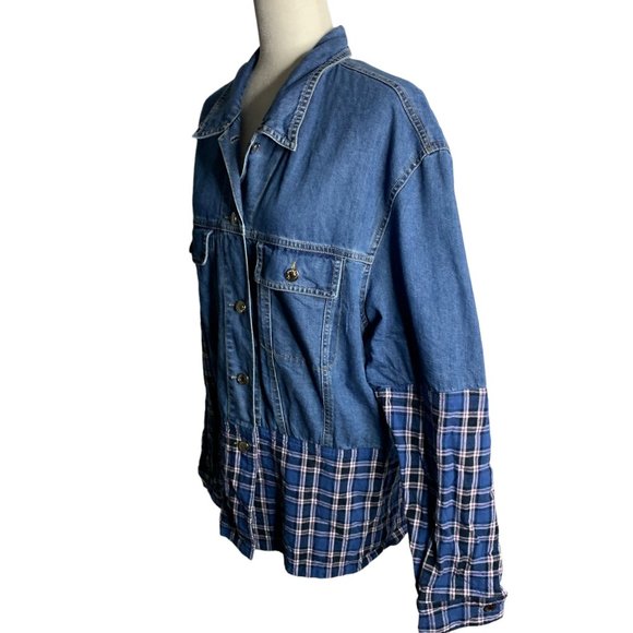 Mistress Rocks Enthuse Denim Jacket S Blue Plaid Oversized Button Up Pockets - Picture 4 of 7
